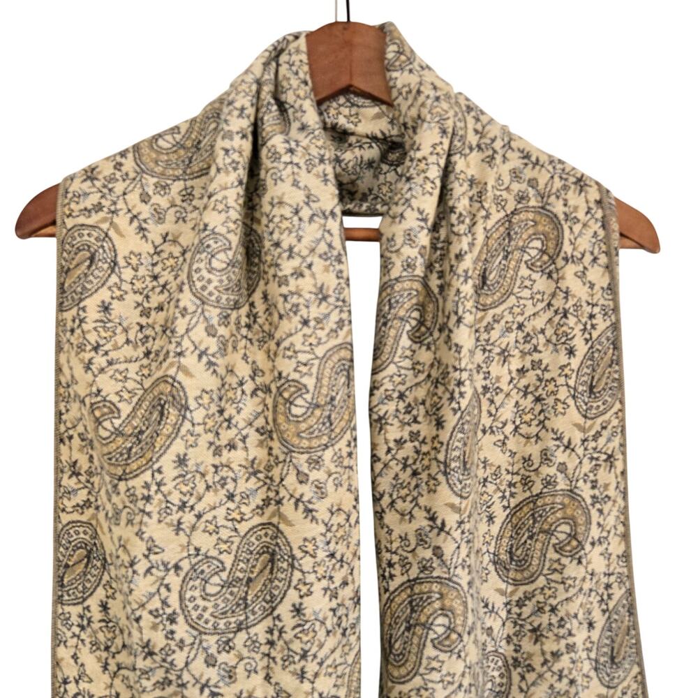 Original Cashmere Beige Paisley Pattern Scarf with Fringe Trim 100% Cashmere